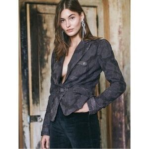 Free People James Blazer Size Large Black Military Marching Band Brocade Damask
